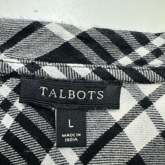 Talbots Black White Plaid Half Button Shirt Size Large Relaxed Cotton Ruffle - Picture 5 of 7